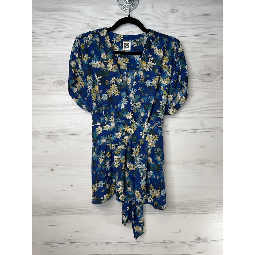 Anne Klein Womens Large Blue Floral Wrap Top Short Puff Sleeve Tie Waist Blouse